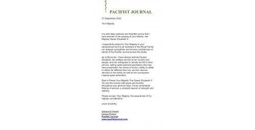 ZAKARIA EL HAMEL - PARTNER AND DIRECTOR OF PACIFIST JOURNAL & DENISE RUMAN FOUNDER OF PACIFIST JOURNAL SEND A LETTER OF CONDOLENCES DO KING CHARLES AND RECEIVE THE ANSWER